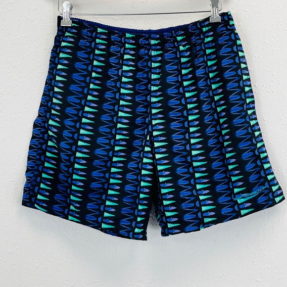 Vtg Mens M Speedo Swim Trunks Black Purple Green Tribal Nylon Shorts Elastic 90s - Picture 1 of 9